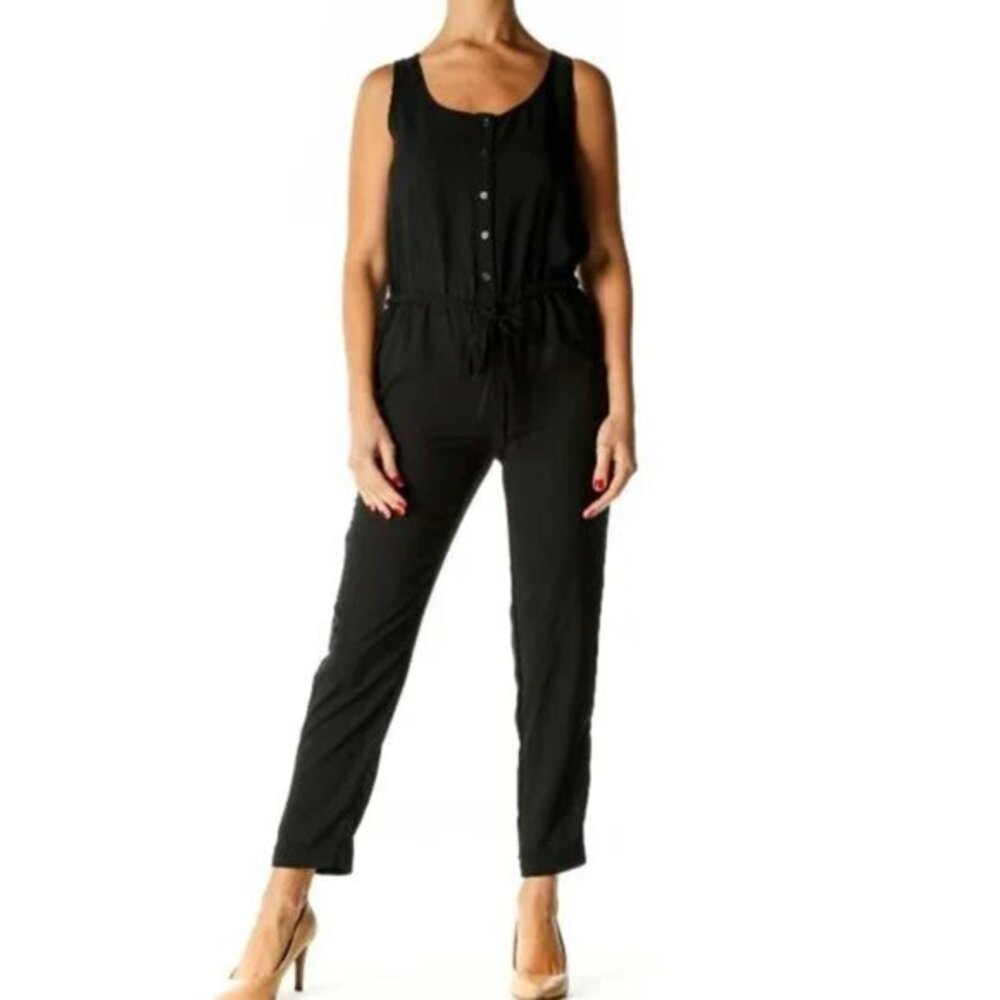 "NWT"Ann Taylor Loft Black Sleeveless Jumpsuit-Button Front/Tie Waist/Pockets-XS